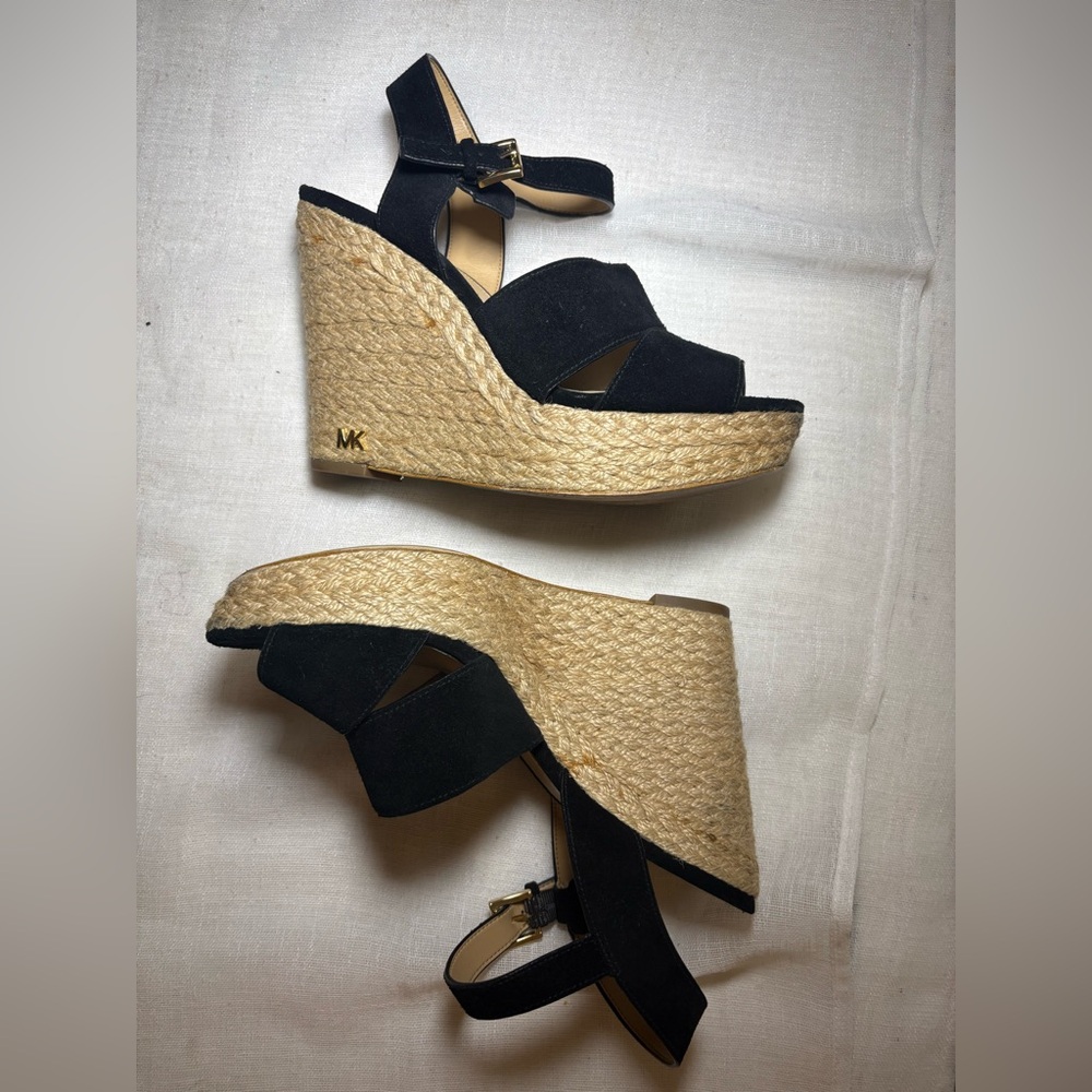 Michael Kors Black Suede Espadrille Wedge Sandals 9M Resort Luxury Resort-wear - Picture 12 of 15
